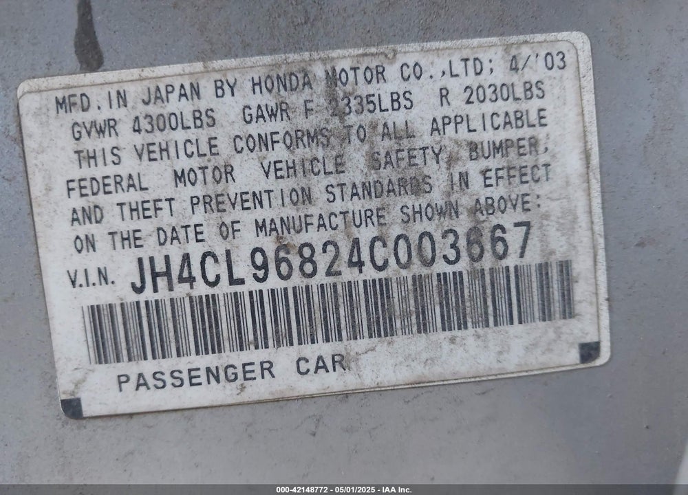 2004 ACURA TSX VIN: JH4CL96824C003667