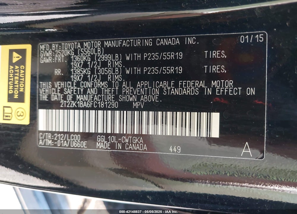 2015 LEXUS RX350 VIN: 2T2ZK1BA6FC181290