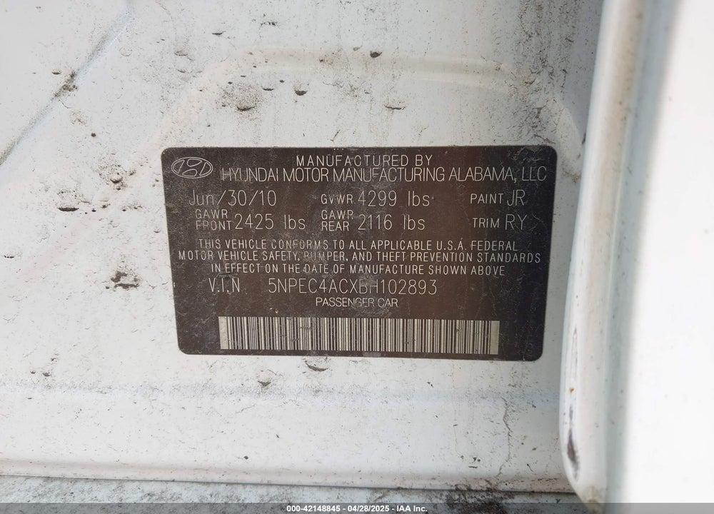 2011 HYUNDAI SONATA LIMITED VIN: 5NPEC4ACXBH102893