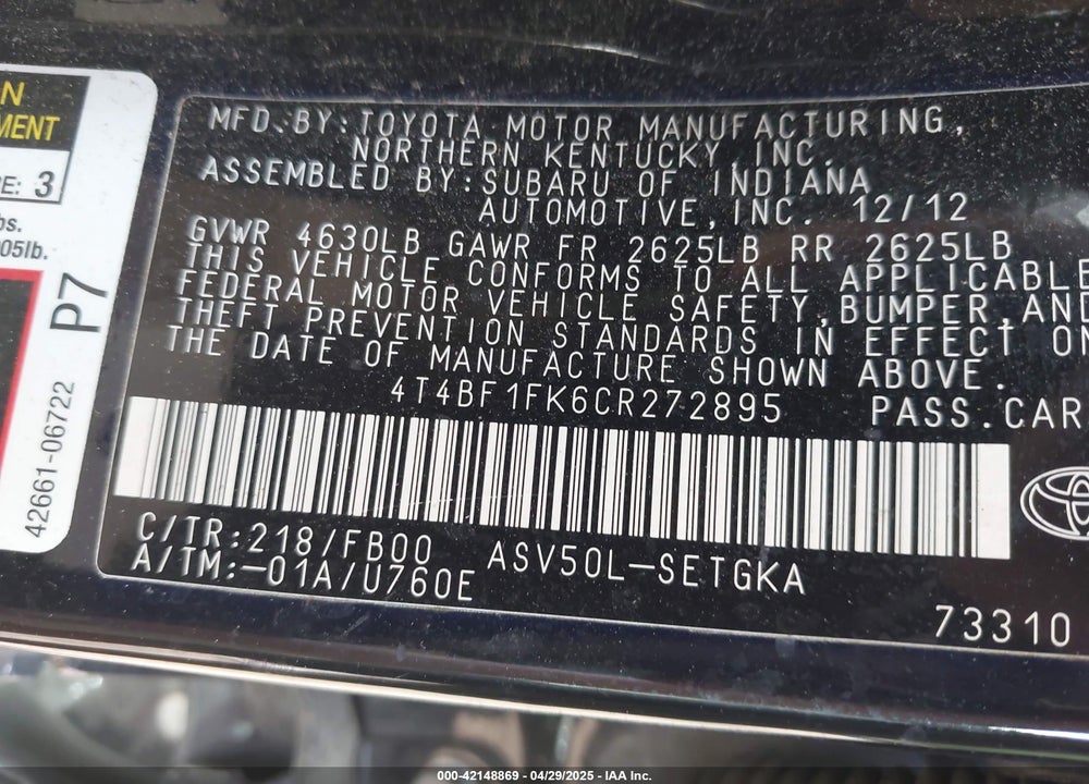 2012 TOYOTA CAMRY VIN: 4T4BF1FK6CR272895