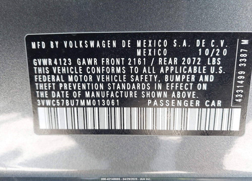 2021 VOLKSWAGEN JETTA VIN: 3VWC57BU7MM013061