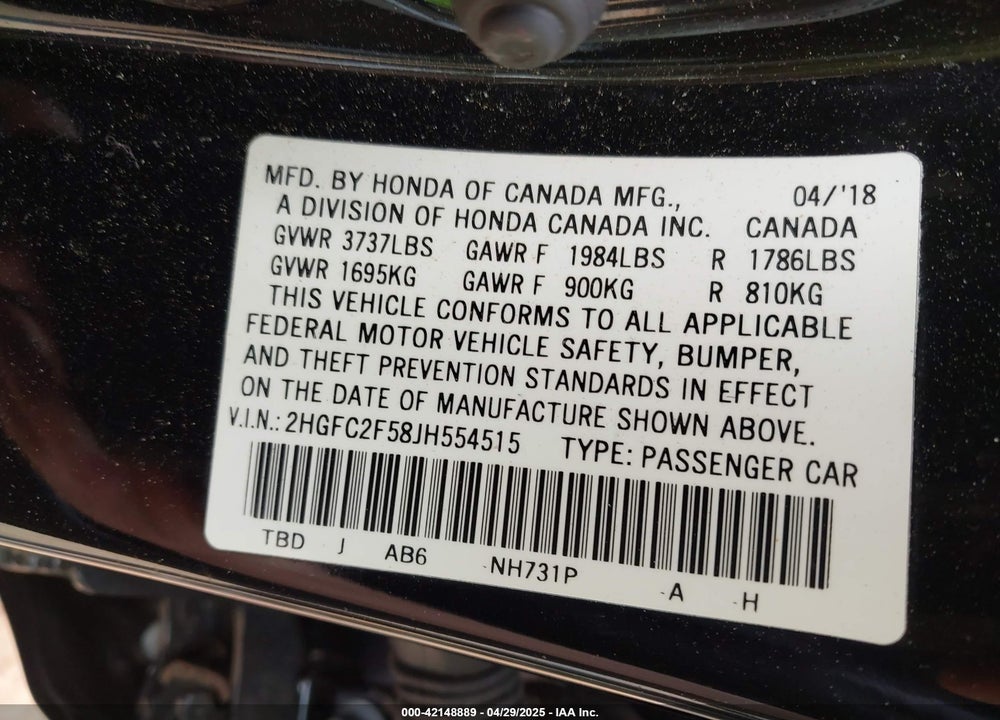 2018 HONDA CIVIC VIN: 2HGFC2F58JH554515