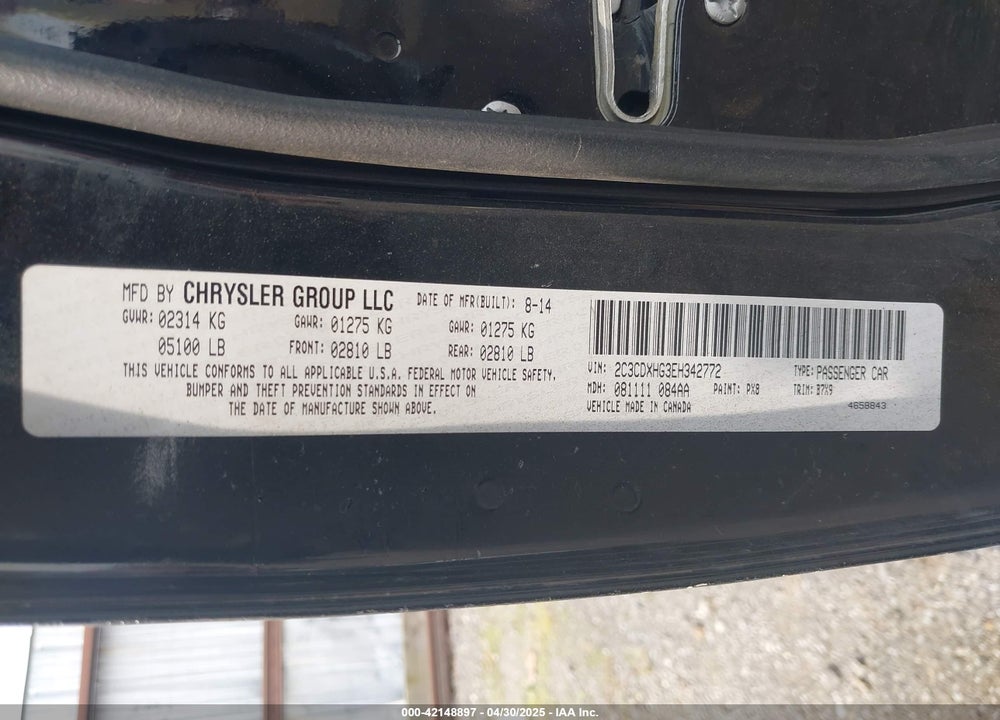 2014 DODGE CHARGER SXT VIN: 2C3CDXHG3EH342772