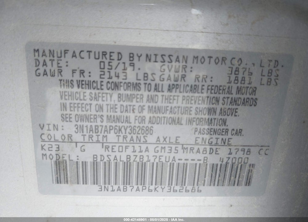 2019 NISSAN SENTRA VIN: 3N1AB7AP6KY362686