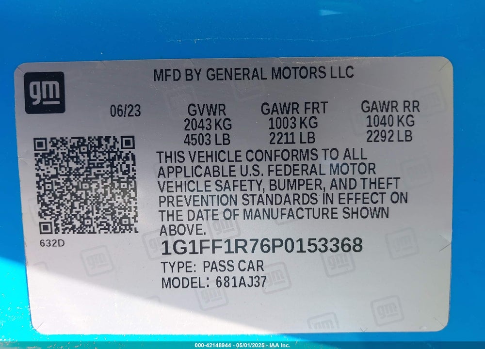 2023 CHEVROLET CAMARO VIN: 1G1FF1R76P0153368