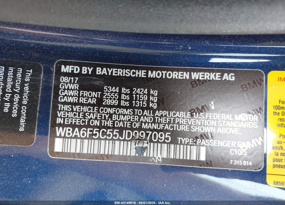 2018 BMW 650I VIN: WBA6F5C55JD997095