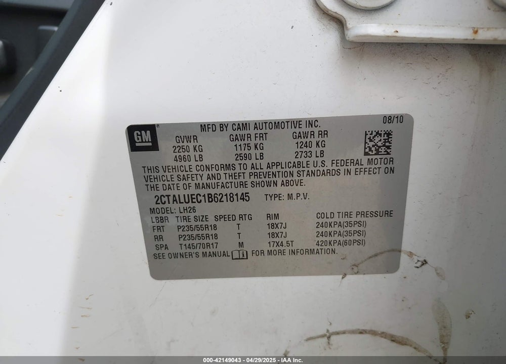 2011 GMC TERRAIN VIN: 2CTALUEC1B6218145