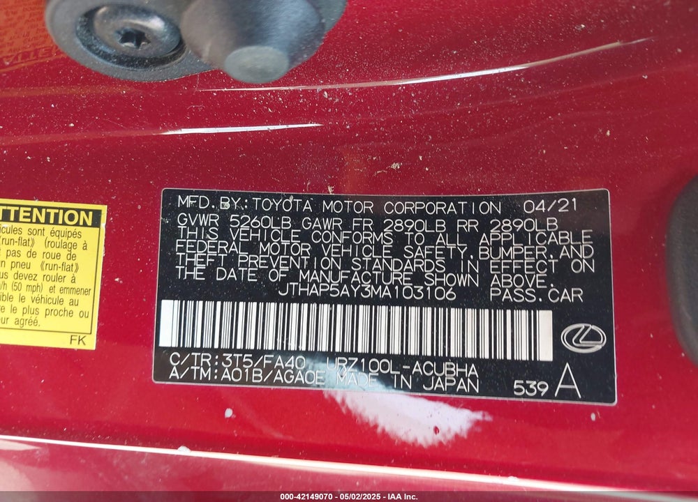 2021 LEXUS LC 500 VIN: JTHAP5AY3MA103106