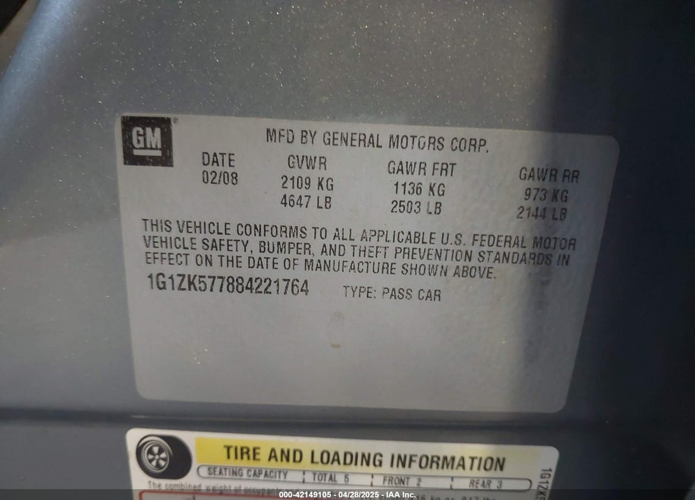 2008 CHEVROLET MALIBU LTZ VIN: 1G1ZK577884221764