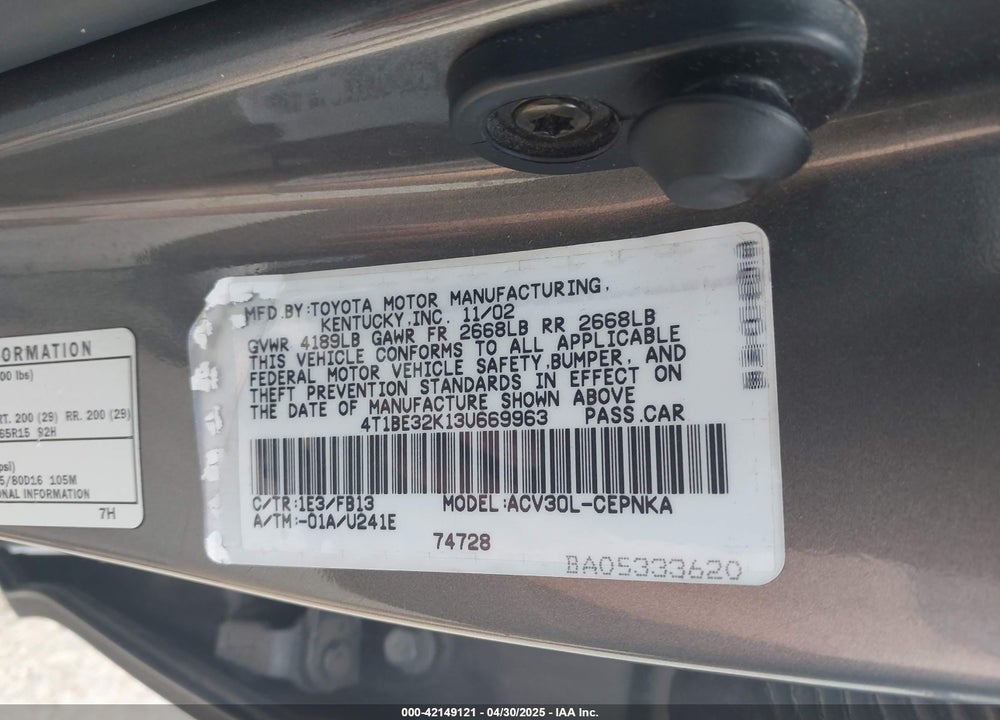 2003 TOYOTA CAMRY LE VIN: 4T1BE32K13U669963