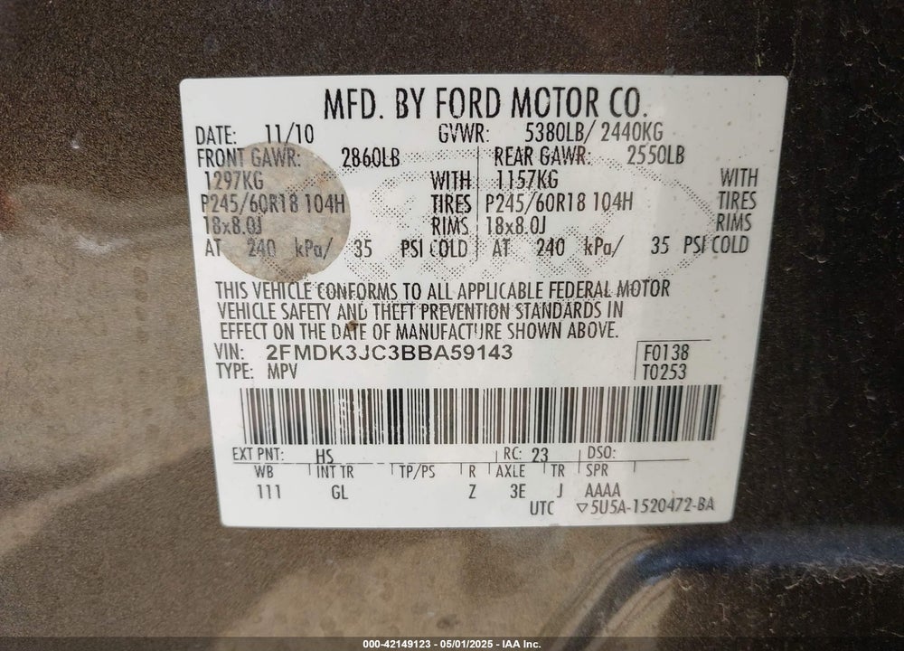 2011 FORD EDGE VIN: 2FMDK3JC3BBA59143