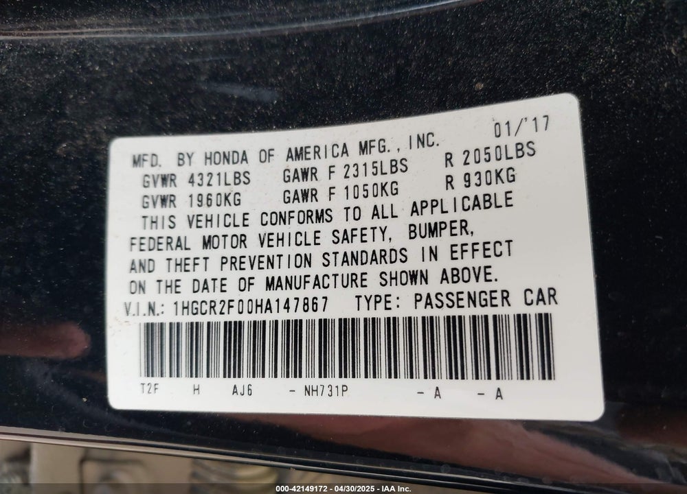 2017 HONDA ACCORD VIN: 1HGCR2F00HA147867