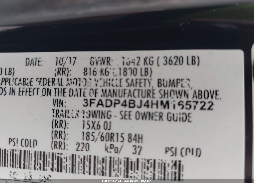 2017 FORD FIESTA VIN: 3FADP4BJ4HM165722