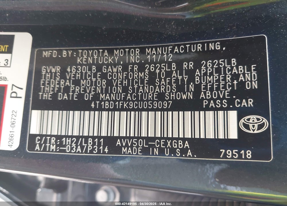 2012 TOYOTA CAMRY HYBRID XLE VIN: 4T1BD1FK9CU059097