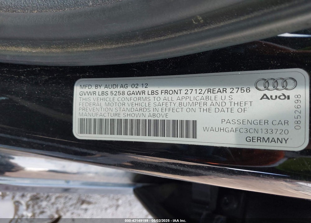 2012 AUDI A6 VIN: WAUHGAFC3CN133720