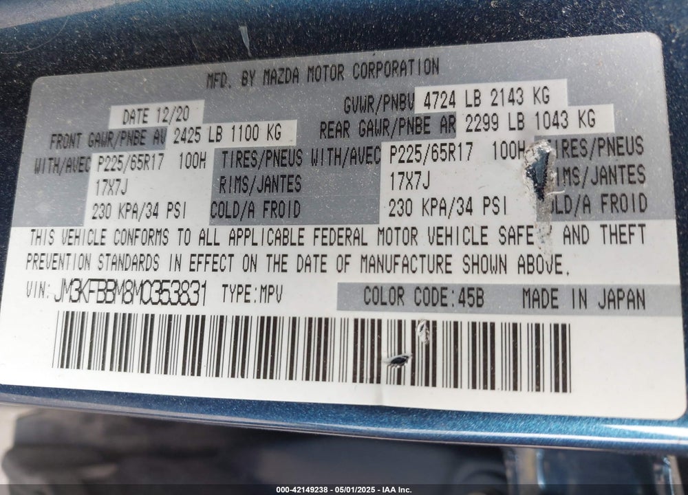 2021 MAZDA CX-5 SPORT VIN: JM3KFBBM8M0353831