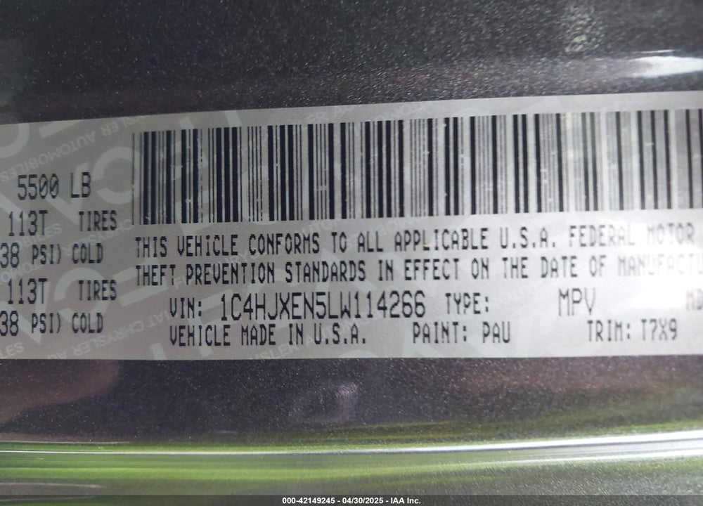 2020 JEEP WRANGLER UNLIMITED VIN: 1C4HJXEN5LW114266