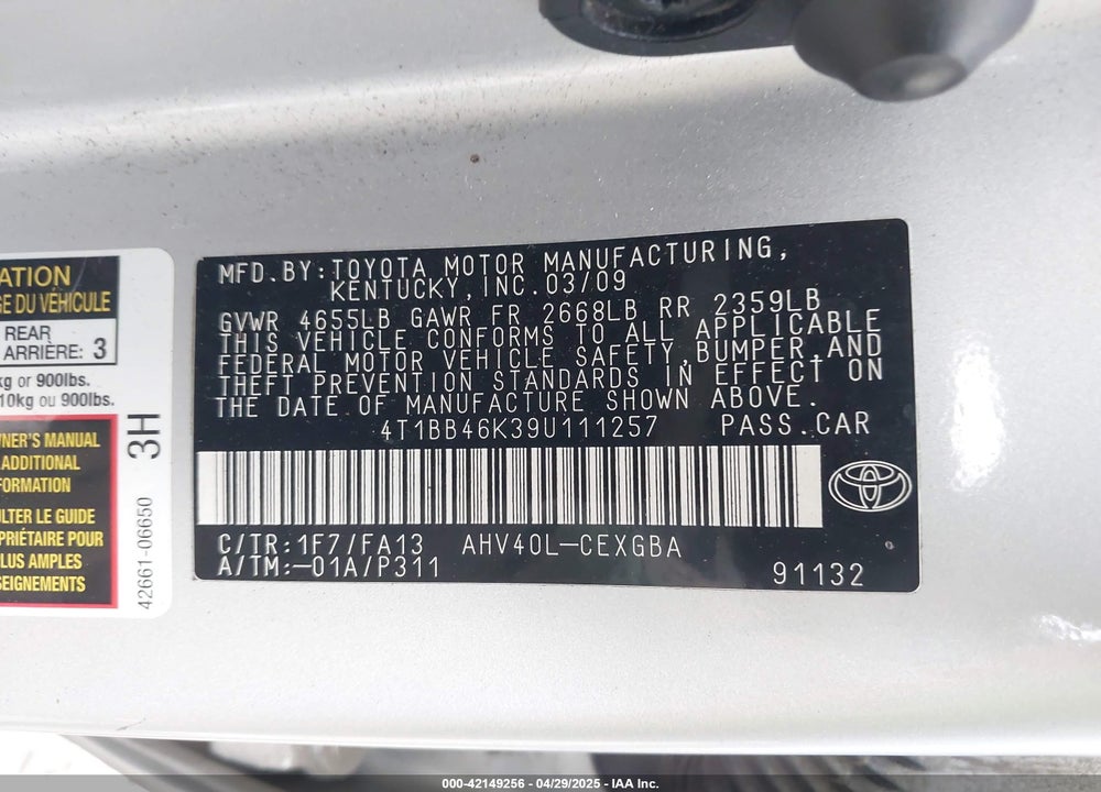 2009 TOYOTA CAMRY HYBRID VIN: 4T1BB46K39U111257