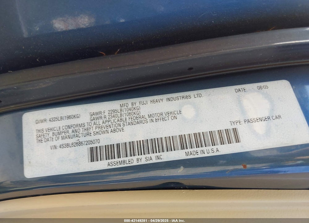 2006 SUBARU LEGACY VIN: 4S3BL626867205070