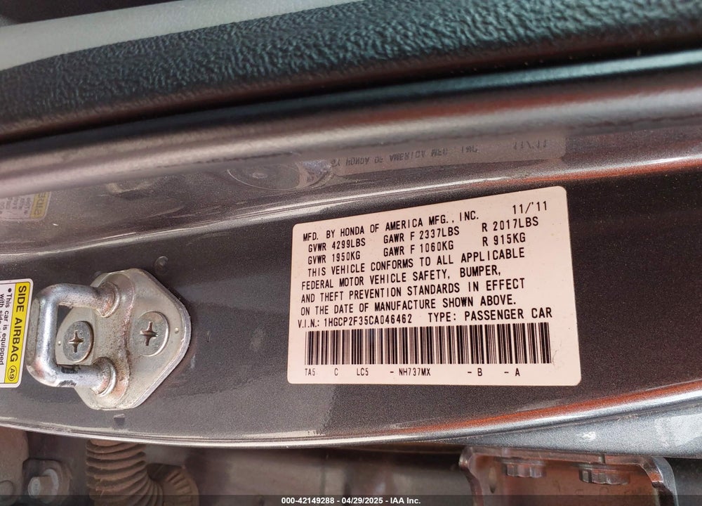 2012 HONDA ACCORD VIN: 1HGCP2F35CA046462