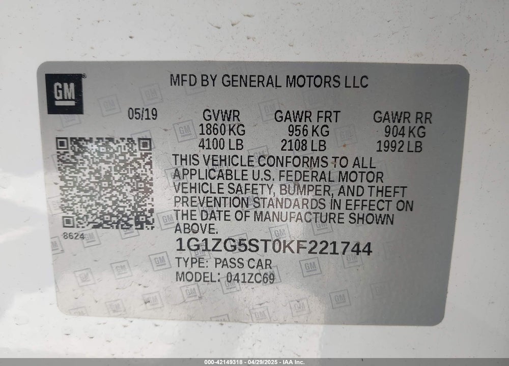 2019 CHEVROLET MALIBU RS VIN: 1G1ZG5ST0KF221744