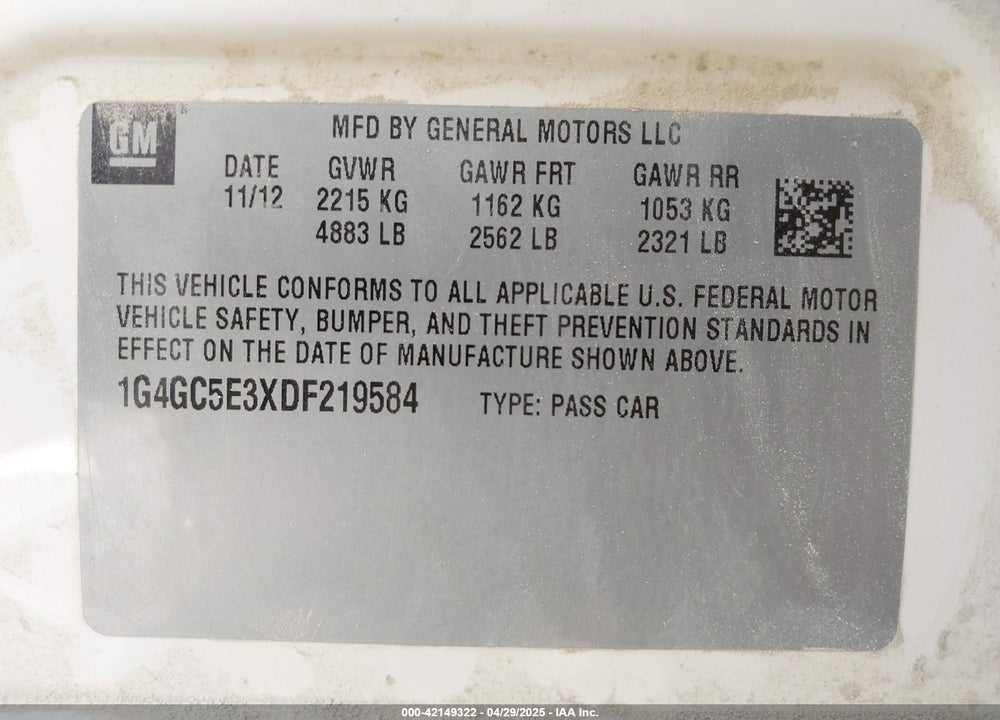 2013 BUICK LACROSSE LEATHER GROUP VIN: 1G4GC5E3XDF219584