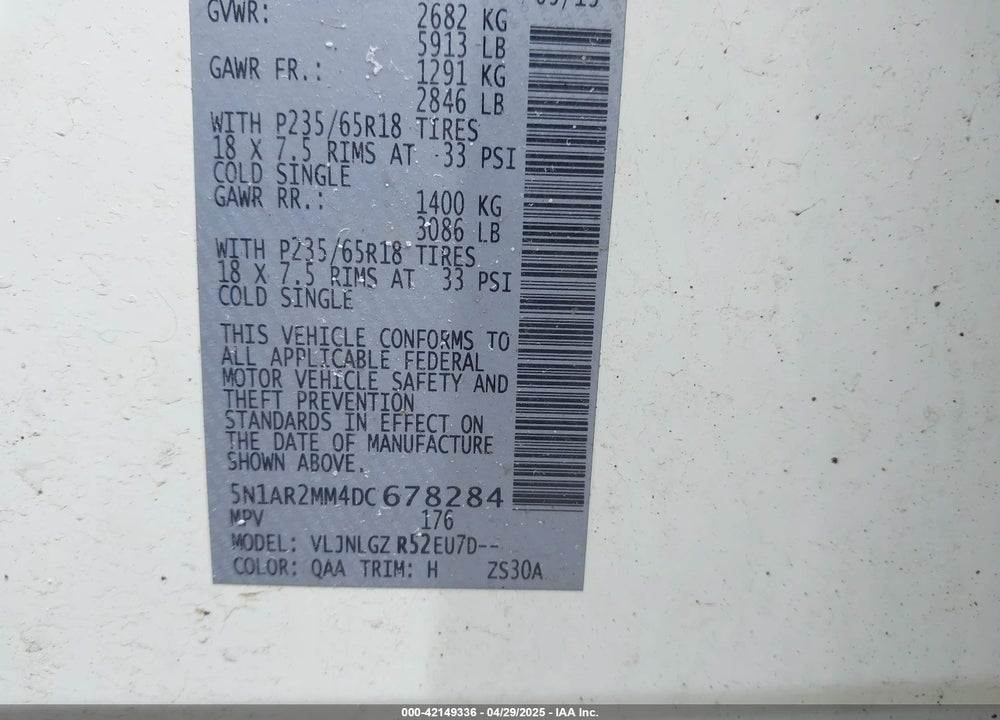 2013 NISSAN PATHFINDER VIN: 5N1AR2MM4DC678284