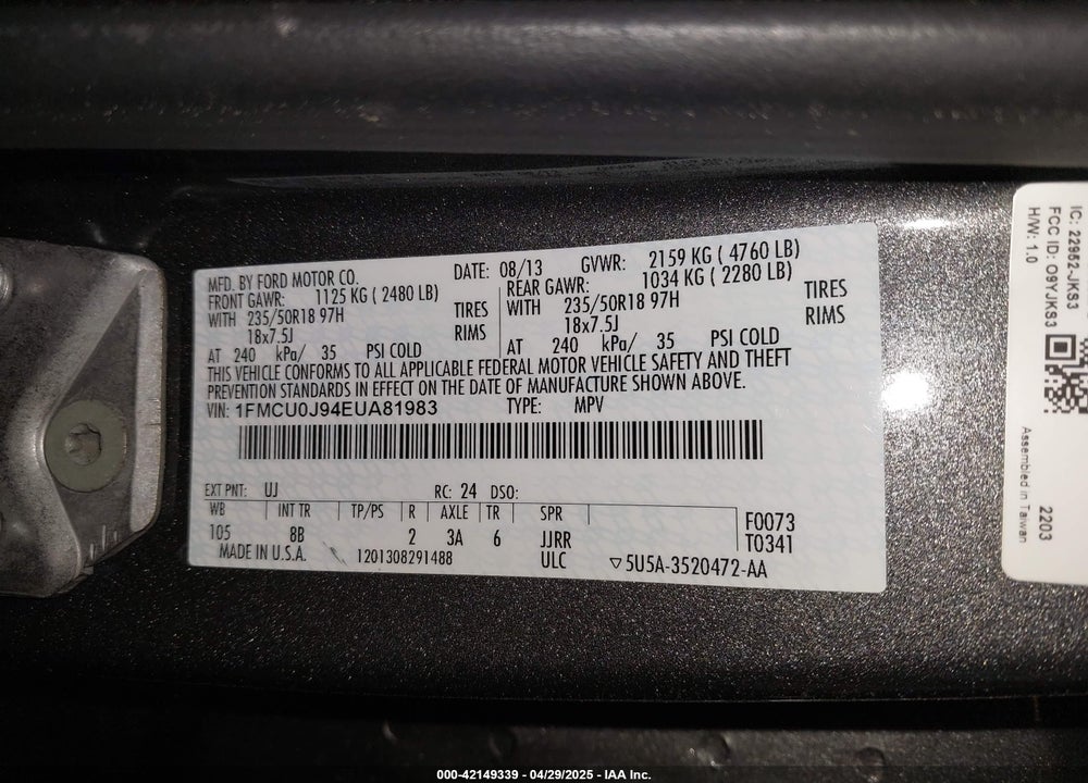 2014 FORD ESCAPE VIN: 1FMCU0J94EUA81983