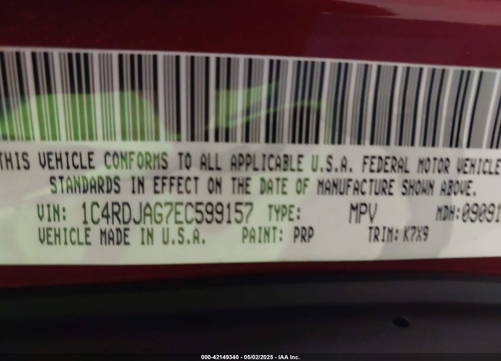 2014 DODGE DURANGO VIN: 1C4RDJAG7EC599157