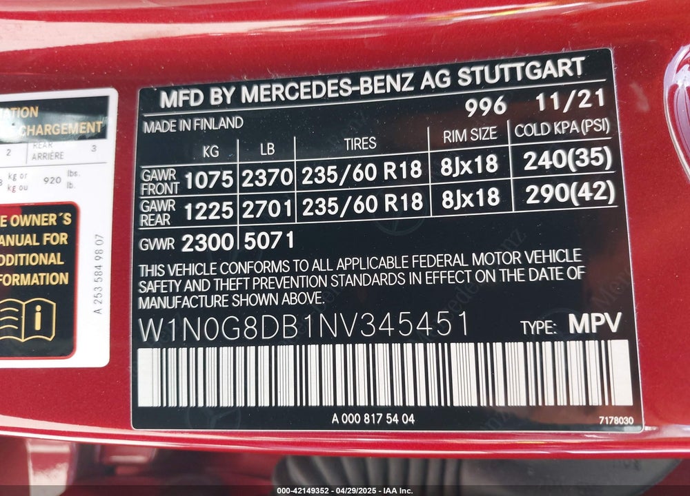 2022 MERCEDES-BENZ GLC 300 SUV VIN: W1N0G8DB1NV345451
