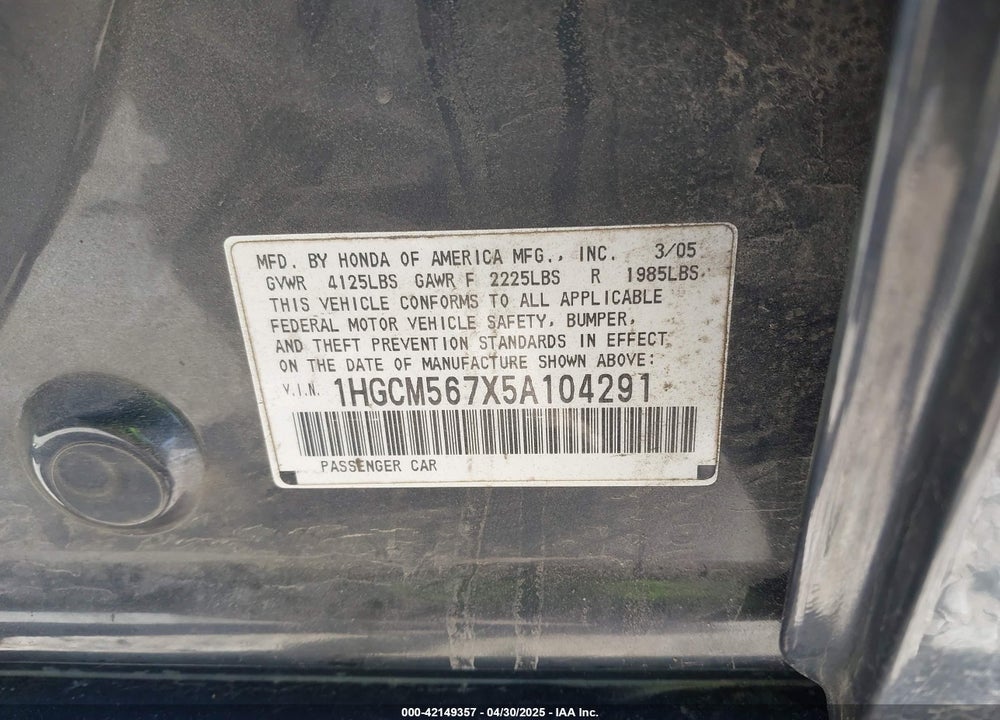 2005 HONDA ACCORD 2.4 EX VIN: 1HGCM567X5A104291