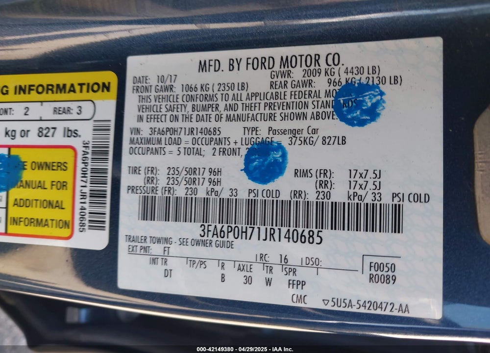 2018 FORD FUSION VIN: 3FA6P0H71JR140685