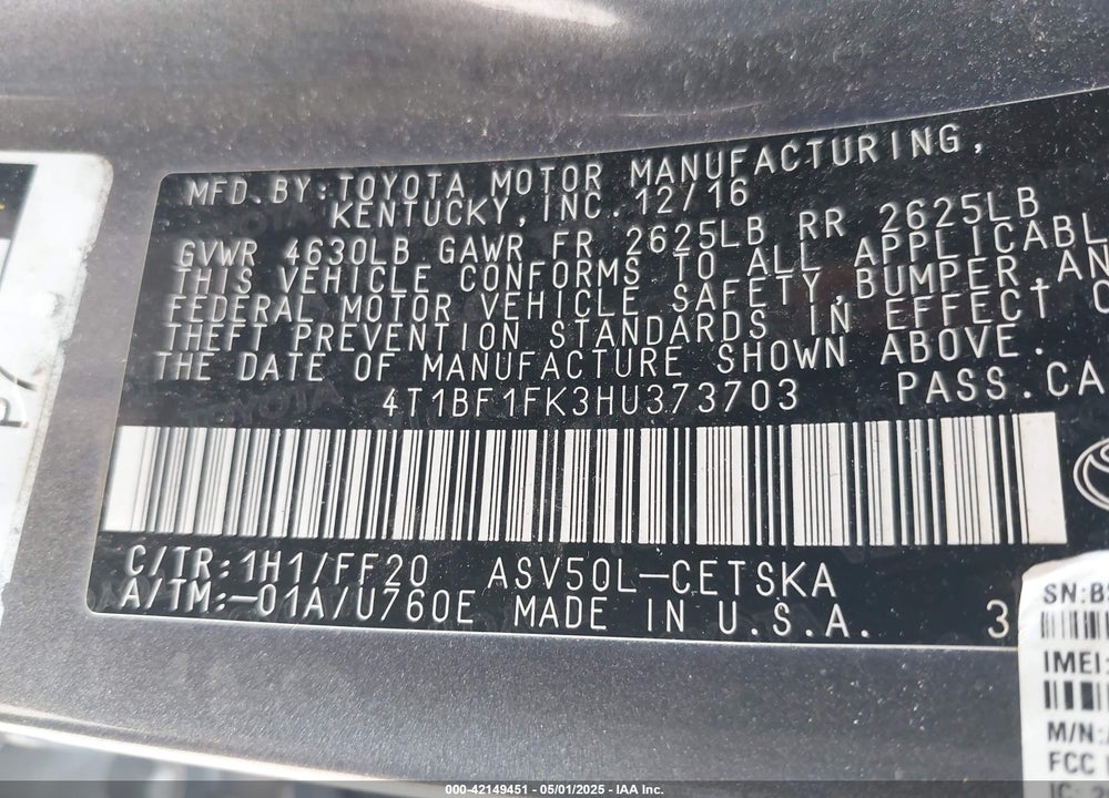 2017 TOYOTA CAMRY SE VIN: 4T1BF1FK3HU373703