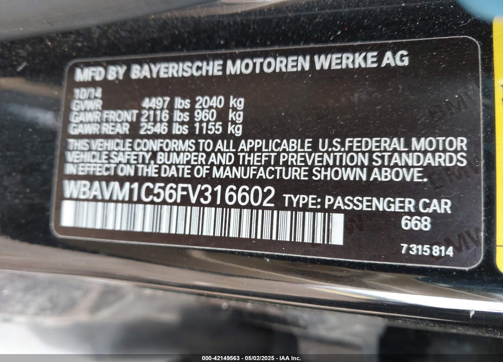 2015 BMW X1 VIN: WBAVM1C56FV316602