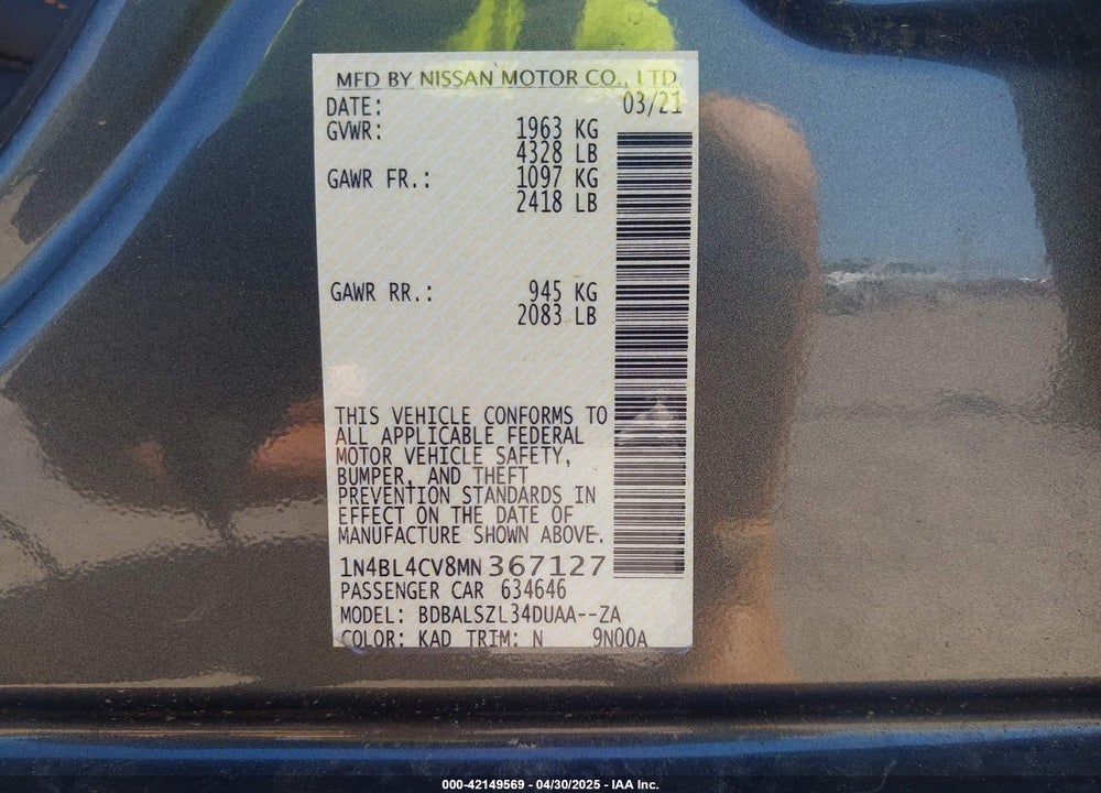 2021 NISSAN ALTIMA VIN: 1N4BL4CV8MN367127