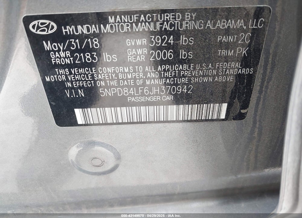 2018 HYUNDAI ELANTRA VALUE EDITION VIN: 5NPD84LF6JH370942