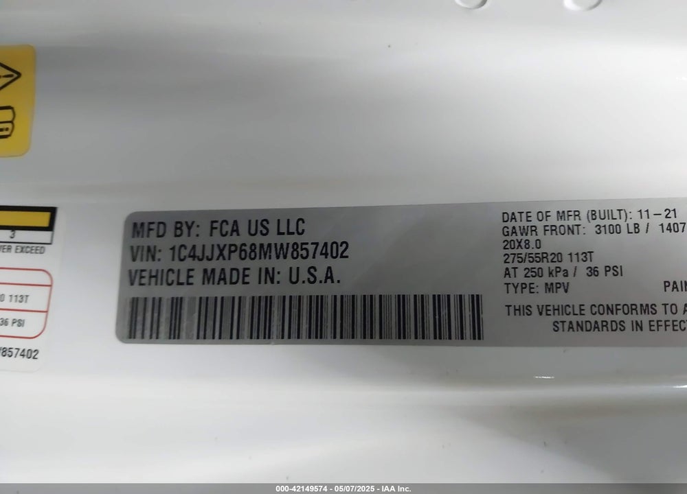 2021 JEEP WRANGLER UNLIMITED VIN: 1C4JJXP68MW857402