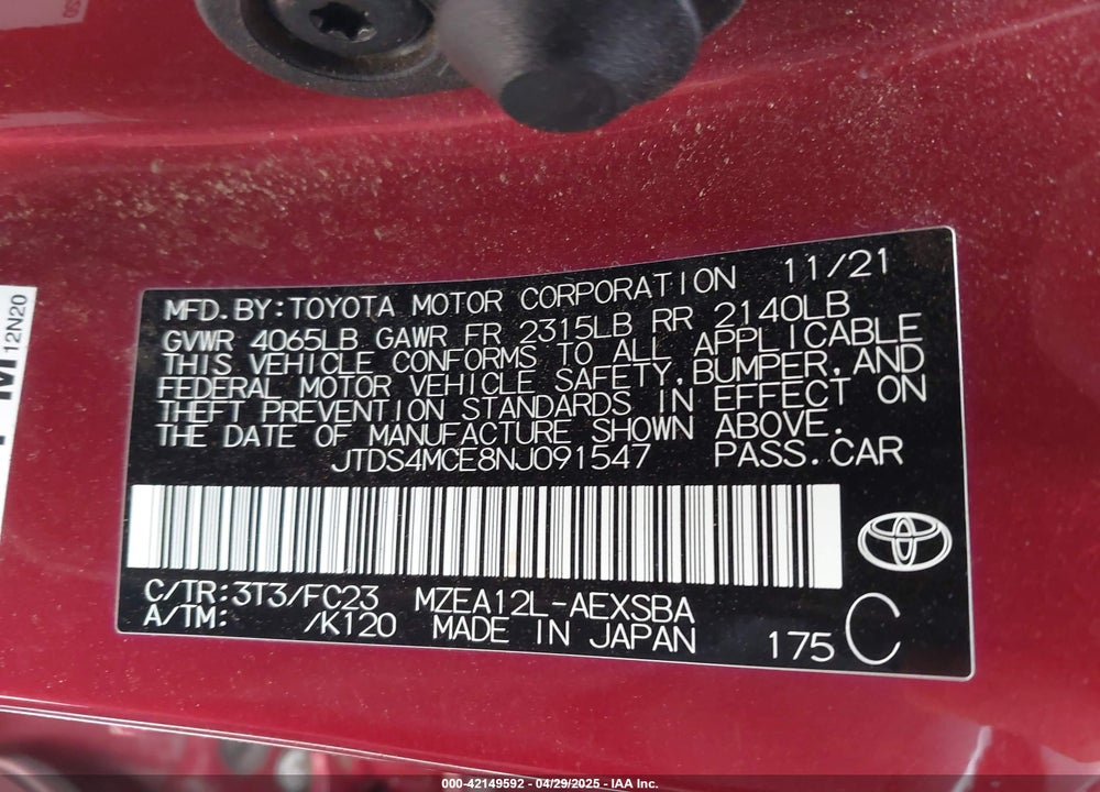 2022 TOYOTA COROLLA VIN: JTDS4MCE8NJ091547