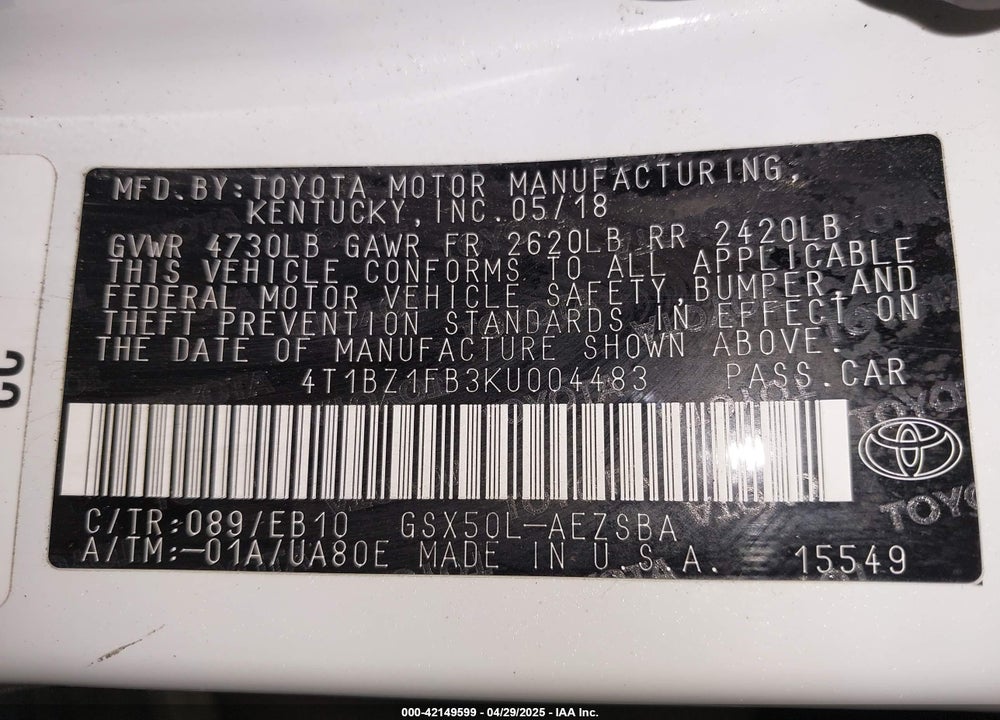 2019 TOYOTA AVALON TOURING VIN: 4T1BZ1FB3KU004483