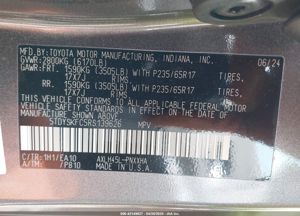 2024 TOYOTA SIENNA XLE VIN: 5TDYSKFC5RS139626