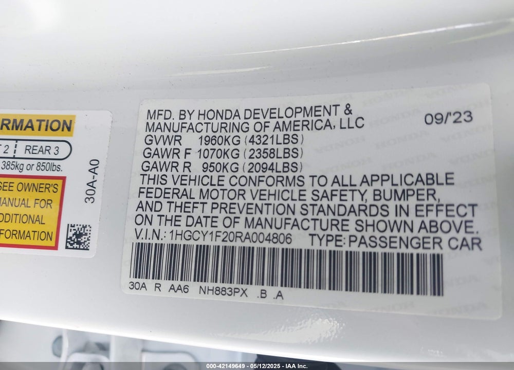 2024 HONDA ACCORD VIN: 1HGCY1F20RA004806