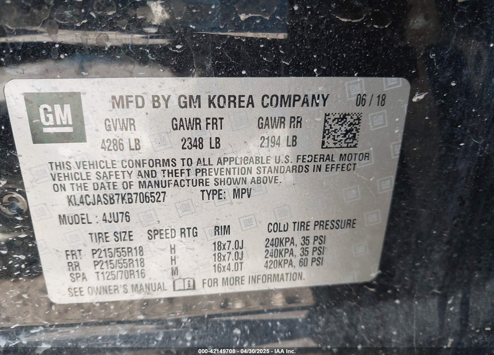 2019 BUICK ENCORE FWD PREFERRED VIN: KL4CJASB7KB706527