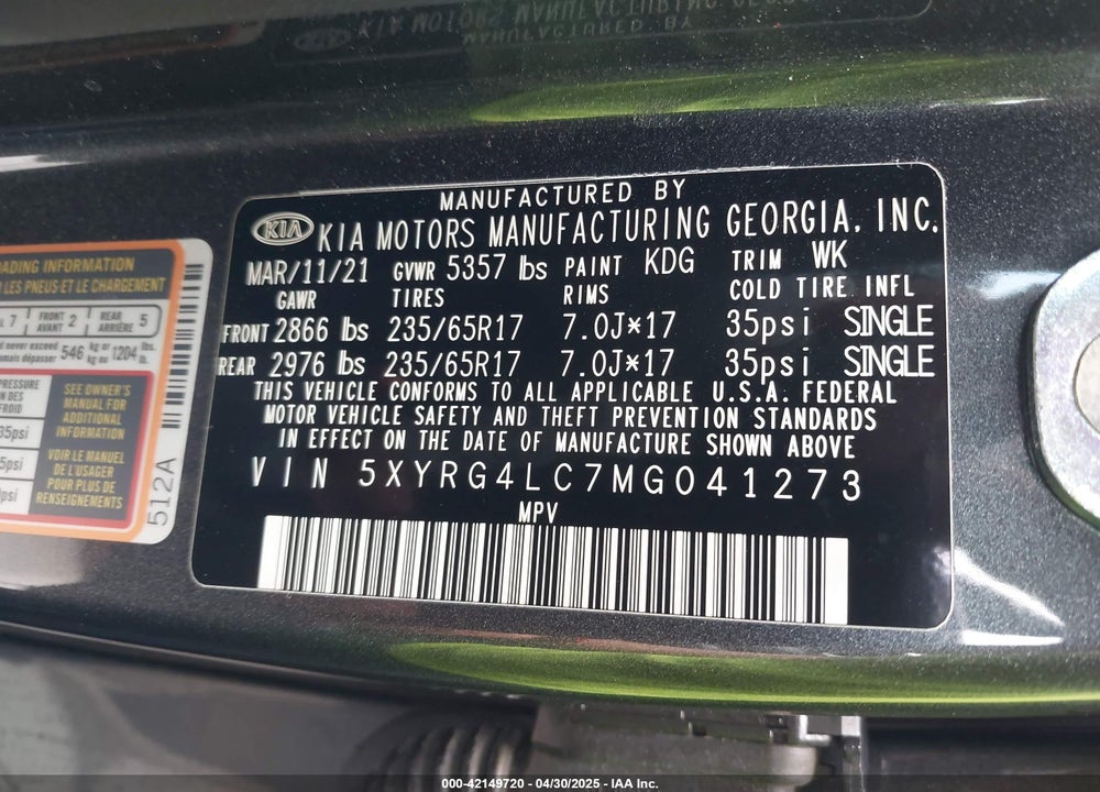 2021 KIA SORENTO LX VIN: 5XYRG4LC7MG041273