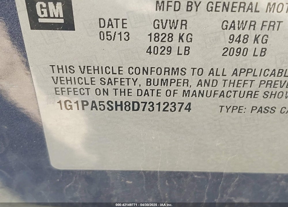 2013 CHEVROLET CRUZE VIN: 1G1PA5SH8D7312374