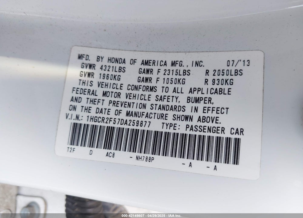 2013 HONDA ACCORD SPORT VIN: 1HGCR2F57DA259877