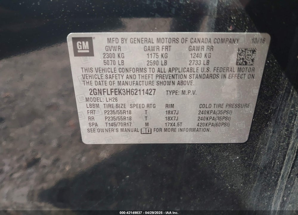 2017 CHEVROLET EQUINOX VIN: 2GNFLFEK3H6211427