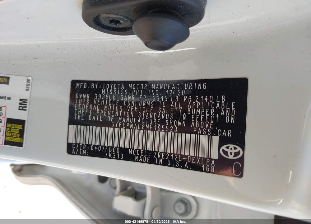 2021 TOYOTA COROLLA LE VIN: 5YFEPMAE8MP195523
