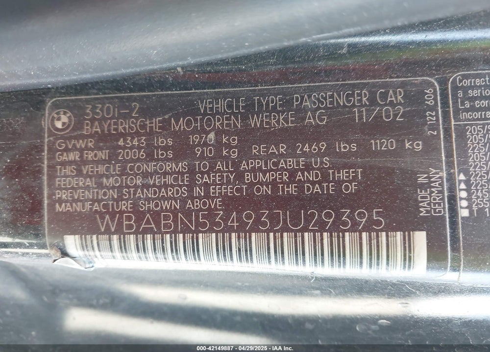 2003 BMW 330CI VIN: WBABN53493JU29395