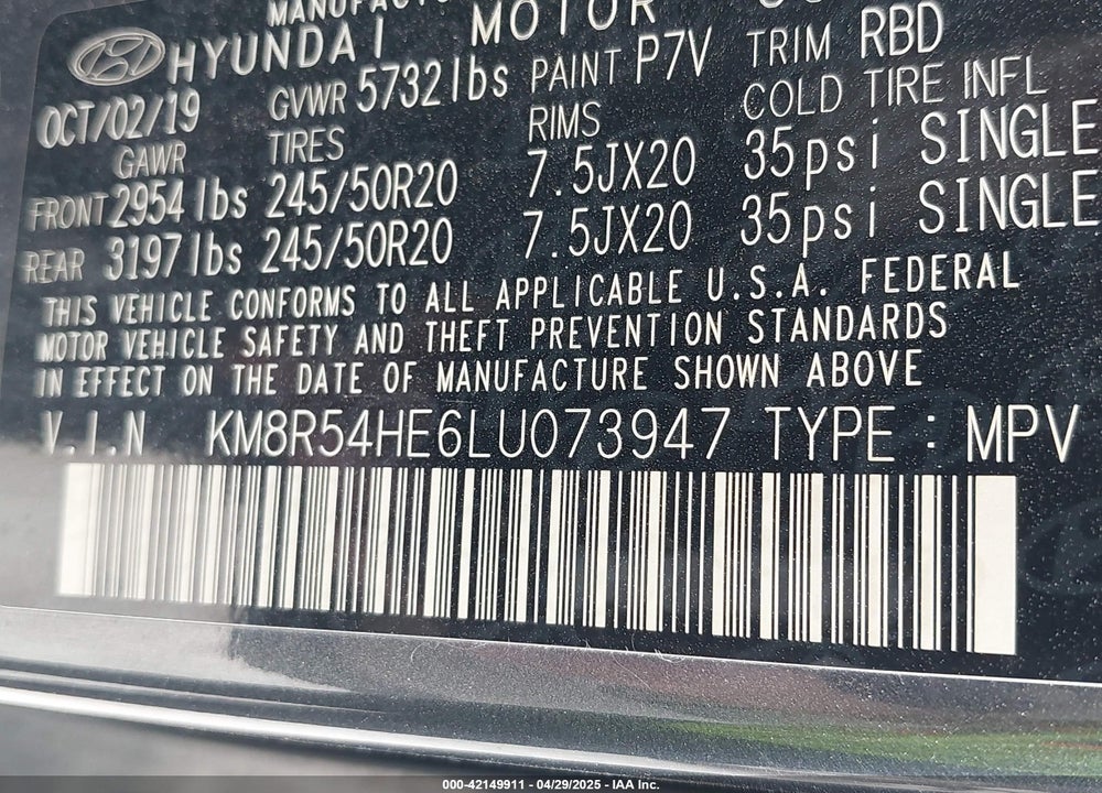 2020 HYUNDAI PALISADE VIN: KM8R54HE6LU073947