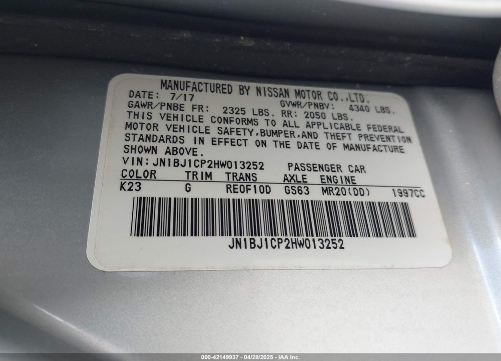 2017 NISSAN ROGUE SPORT VIN: JN1BJ1CP2HW013252